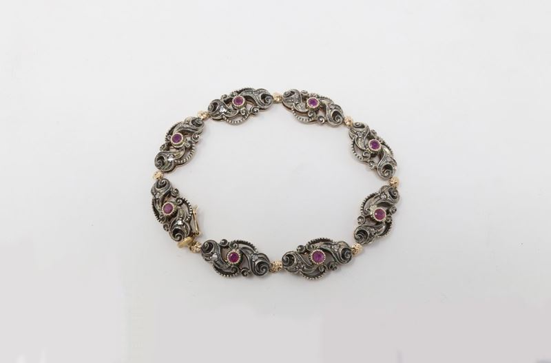 Bracciale in Oro Giallo e Argento e Rubini