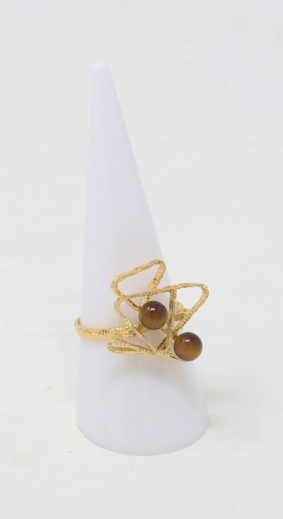 Anello in Oro Giallo con Due Piccole Sfere in Occhio di Tigre