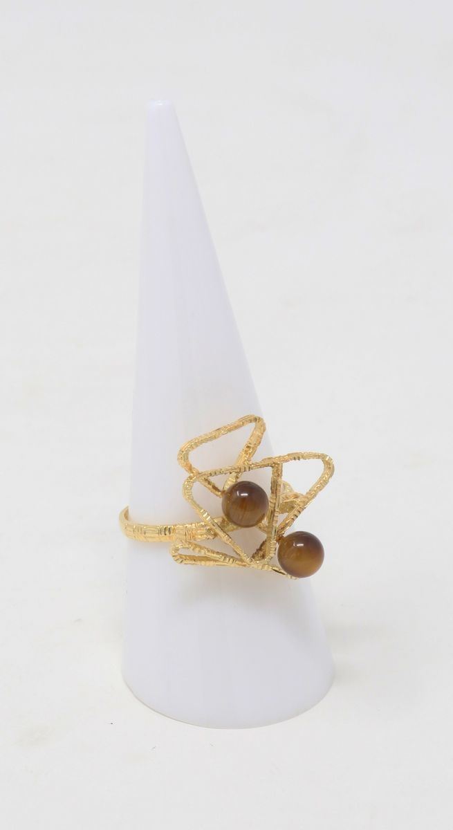 Anello in Oro Giallo con Due Piccole Sfere in Occhio di Tigre