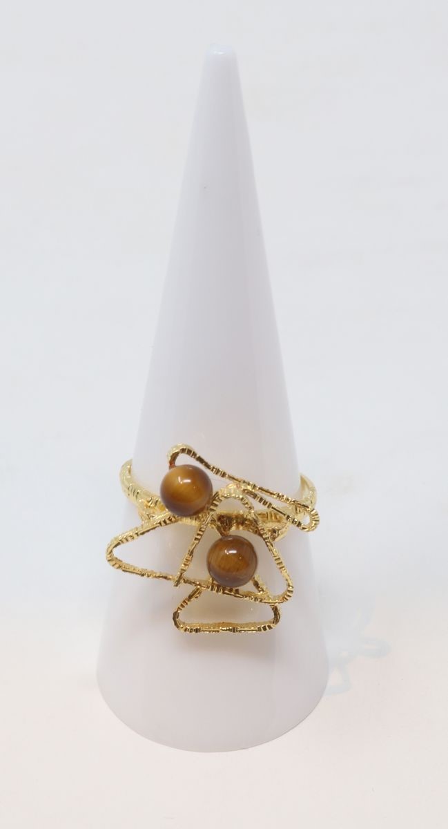 Anello in Oro Giallo con Due Piccole Sfere in Occhio di Tigre