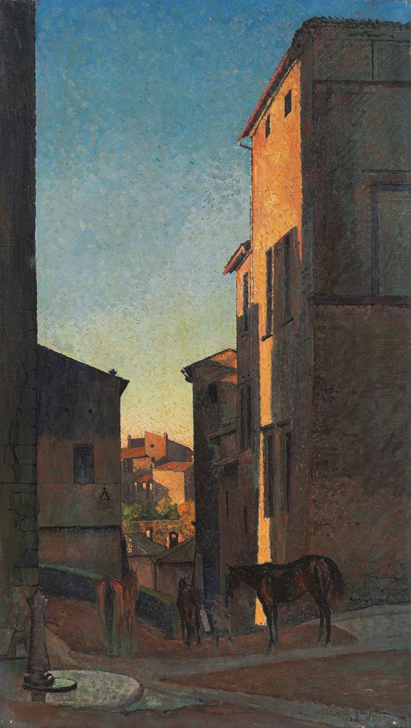 Valentino Ghiglia : Via d'Orvieto con cavalli  (1924)  - Olio su tela - Auction XIX and XX Century Paintings and Sculptures - II - Casa d'aste Farsettiarte