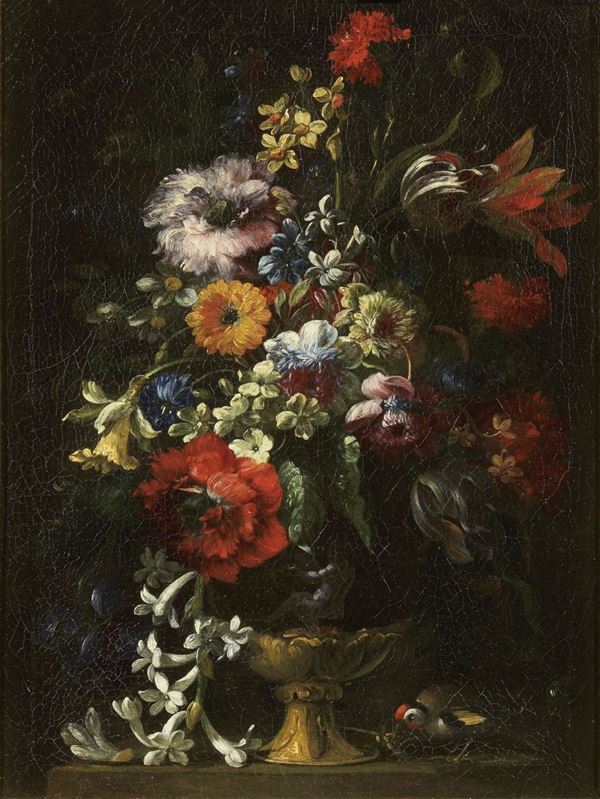 Scuola toscana del XVII secolo - Due nature morte a soggetto «Vaso con fiori e uccellino»