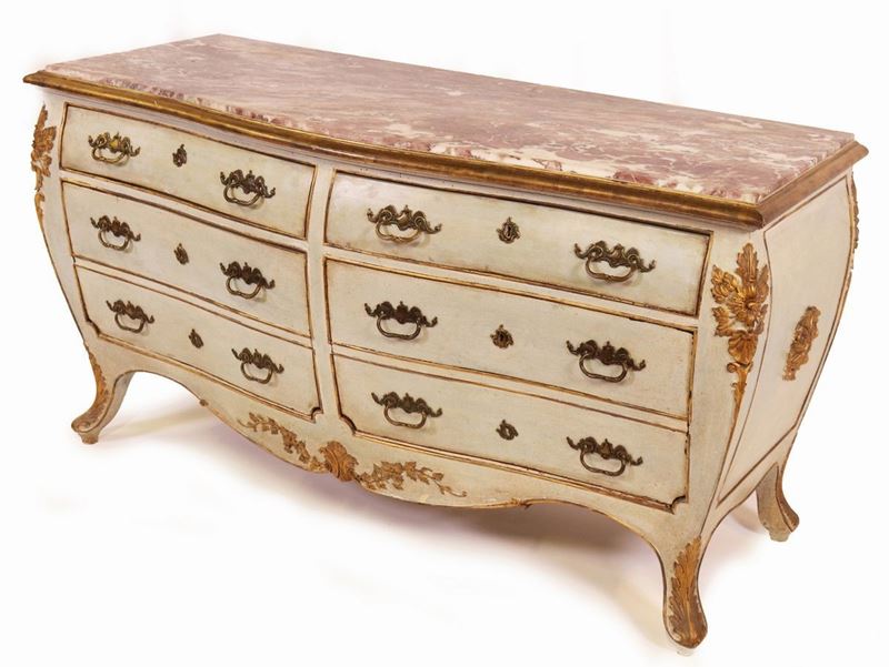 Cassettone in Legno Laccato con Piano in Marmo Bardiglio Fiorito