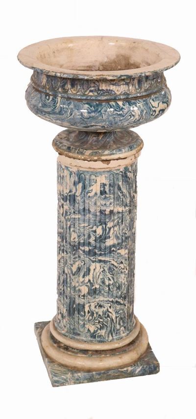 Colonna con Vaso in Maiolica Smaltata a Finto Marmo