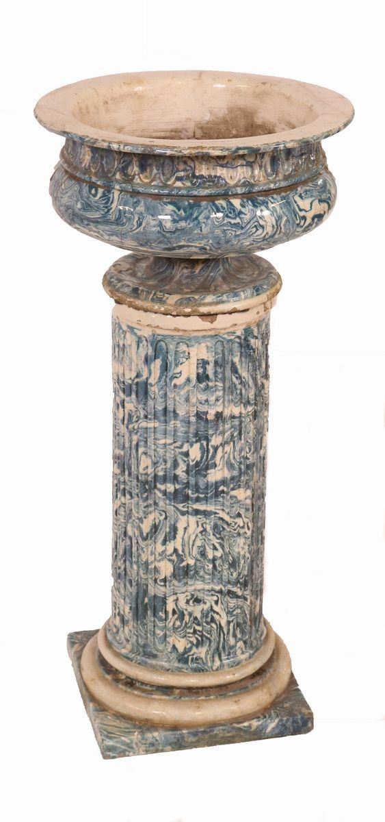 Colonna con Vaso in Maiolica Smaltata a Finto Marmo
