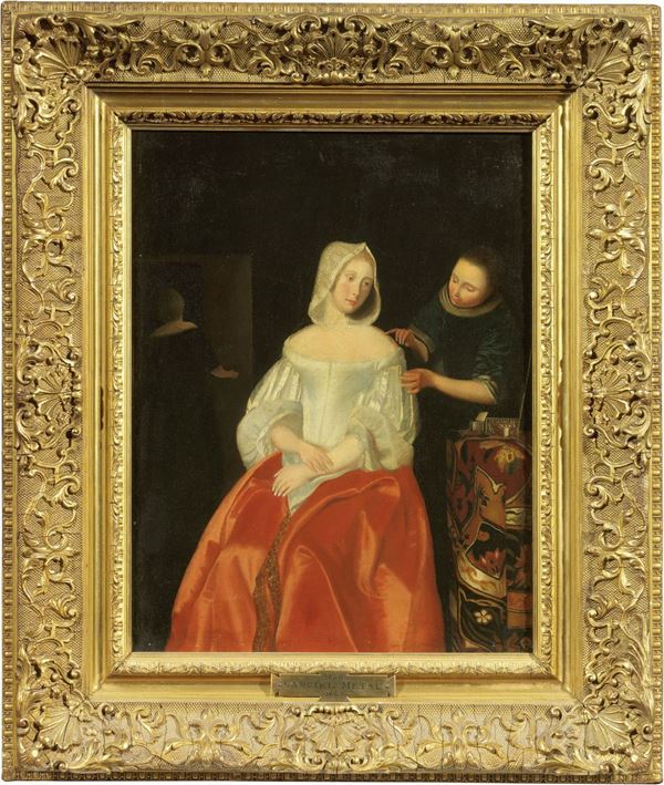 Scuola fiamminga del XVII secolo - Interno con signora e domestica