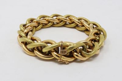 Bracciale in Oro Giallo a Maglie Ovali Satinate, Lucide e Intrecciate