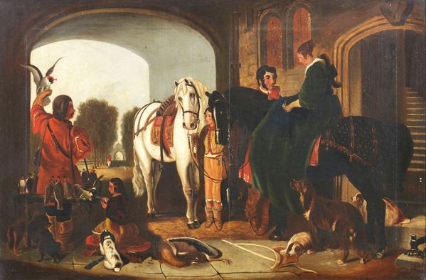 Scuola inglese del XX secolo : Preparativi per la caccia al falco (Falconeria)  - Olio su tela - Auction XIX and XX Century Paintings and Sculptures - Casa d'aste Farsettiarte