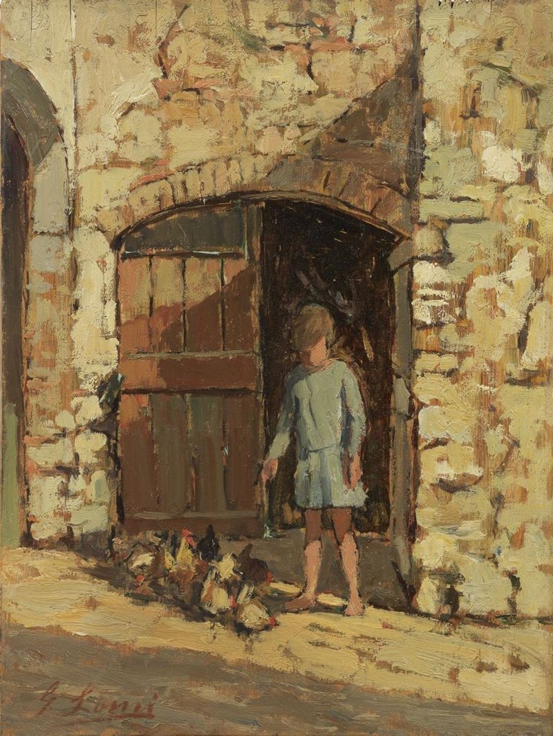 Giovanni Lomi - Bimba che Dà da Mangiare alle Galline