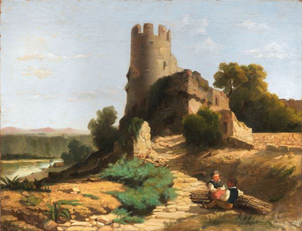 Lorenzo Gelati : Paesaggio con rovine  (1860 ca.)  - Olio su tela - Auction XIX and XX Century Paintings and Sculptures - II - Casa d'aste Farsettiarte