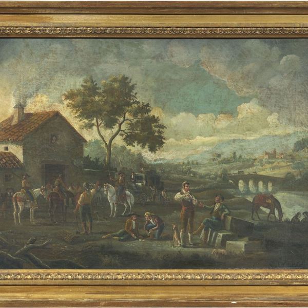 Scuola spagnola fine XVIII secolo : Paesaggio con cavallerizzi e gitani  - Olio su tela - Auction Parade I - Forniture and Old Masters Paintings - I - Casa d'aste Farsettiarte