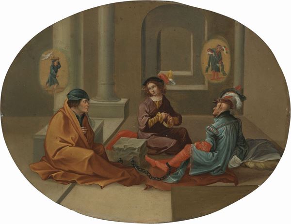 Scuola fiamminga fine XVI secolo - Scena allegorica dal Vecchio Testamento (Giuseppe interpreta i sogni dei prigionieri)