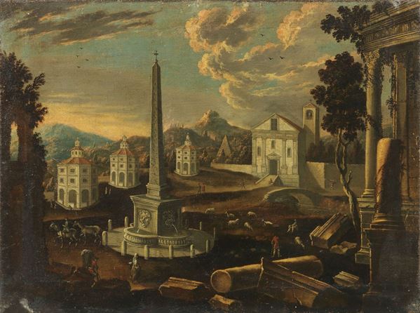 Scuola fiamminga del XVIII secolo - Veduta ideale di città con obelisco, piramide e rovine archeologiche