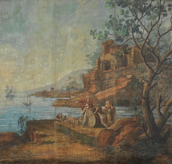 Scuola francese fine XVIII secolo - Marina con porto e mercanti turchi