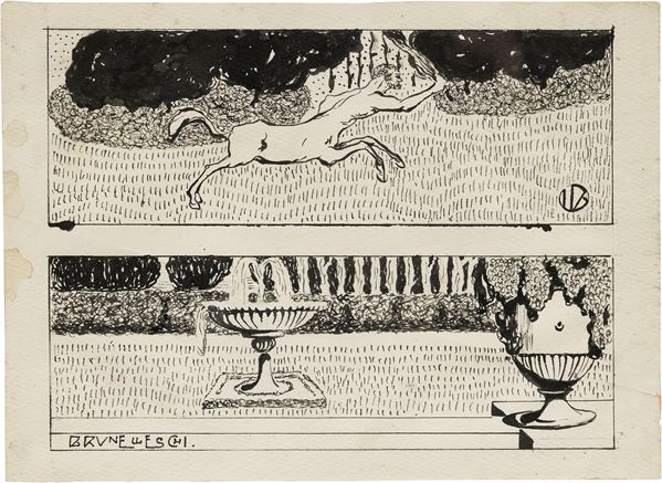 Umberto Brunelleschi - Foglio con due scene: «Centauro» e «Giardino con fontana»