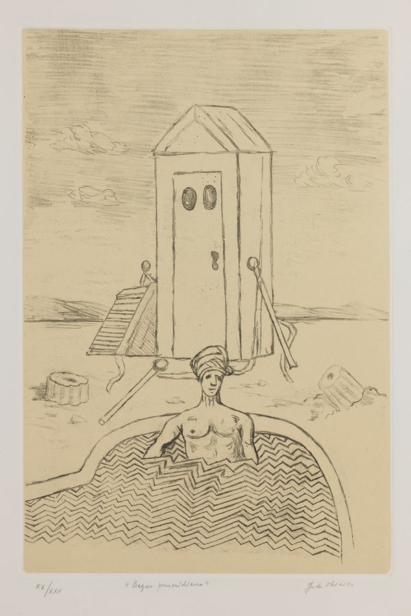 Giorgio de Chirico : Bagno pomeridiano  (1972)  - Incisione a vernice molle su fondo colorato, es. XX/XXV - Asta Arte Contemporanea - I - Casa d'aste Farsettiarte