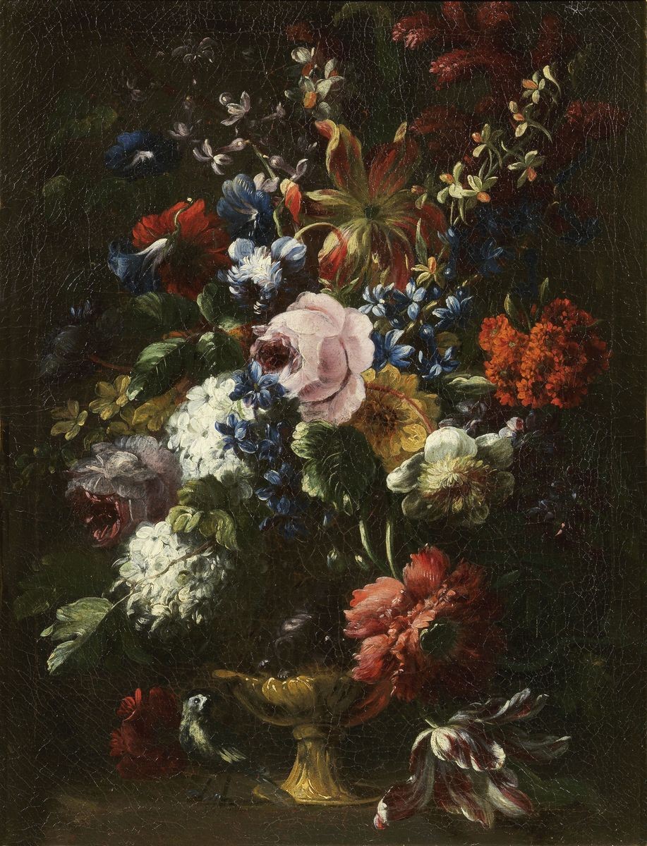 Scuola Toscana del XVII Secolo - Due Nature Morte a Soggetto «vaso con Fiori e Uccellino»