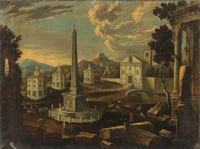 Veduta Ideale di Città con Obelisco, Piramide e Rovine Archeologiche
