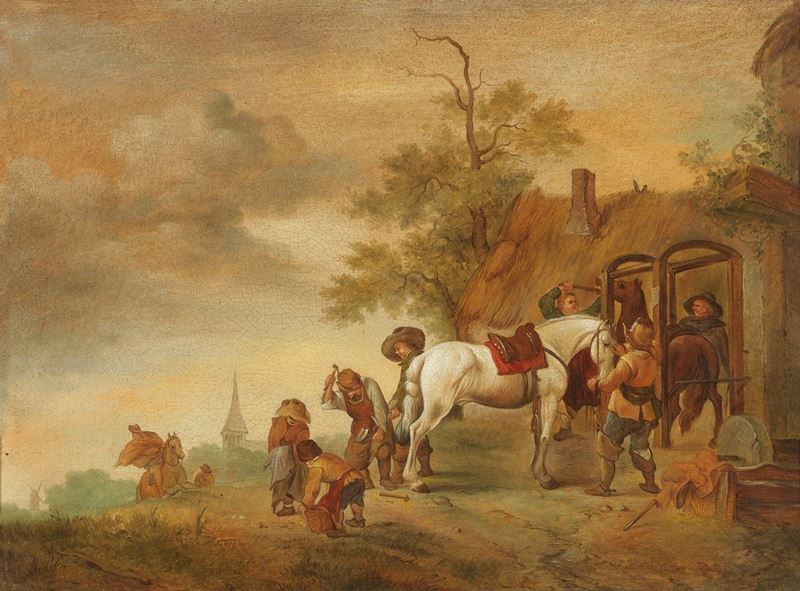 Scuola Fiamminga Fine XVII Secolo - «palafrenieri e Maniscalchi» e «cavalieri con Villici»