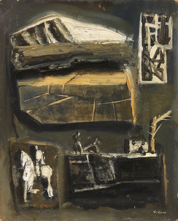 Mario Sironi : Composizione con cavallino bianco  (1948-50)  - Olio su cartone - Asta Arte Moderna - II - Casa d'aste Farsettiarte