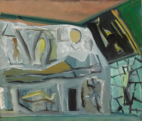 Mario Sironi : Composizione (I due mondi)  (prima metà anni Cinquanta)  - Olio su tela - Asta Arte Moderna - Casa d'aste Farsettiarte