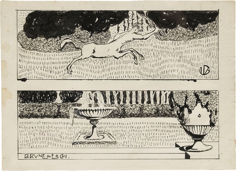Foglio con due scene: «Centauro» e «Giardino con fontana»
