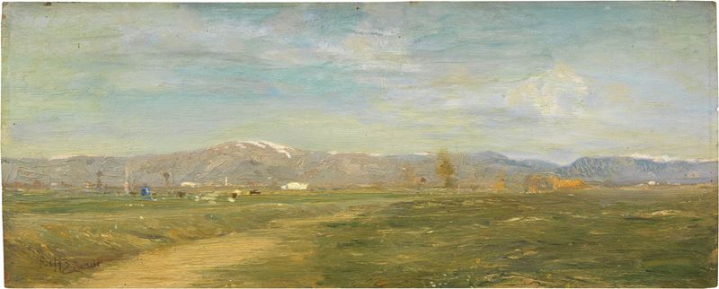 Beppe Ciardi - Monti in lontananza, olio su tavoletta (1895)