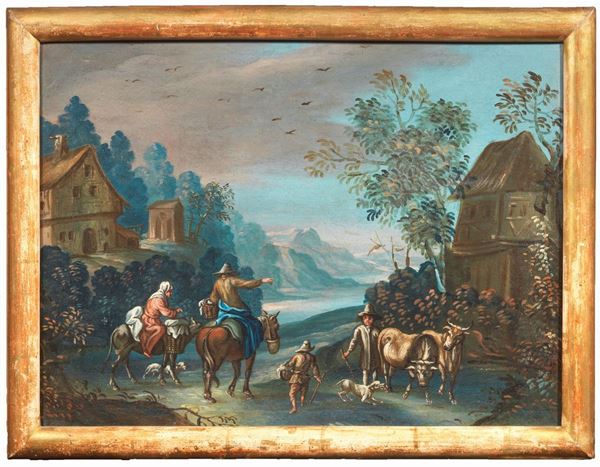 Scuola fiamminga fine XVIII secolo - Paesaggio con viandanti