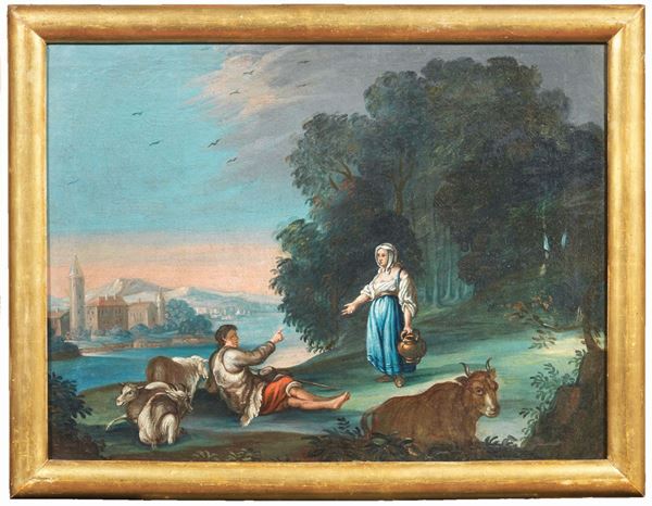 Scuola fiamminga fine XVIII secolo - Paesaggio con scena pastorale e città