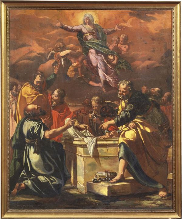 Scuola napoletana del XVII secolo : Assunzione di Maria  - Olio su tela - Asta Importanti Arredi e Dipinti Antichi - I - Casa d'aste Farsettiarte