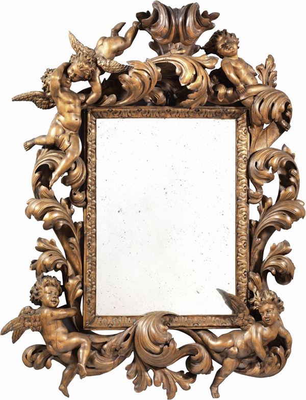 Grande specchiera in legno intagliato a cartoccio  (XIX secolo.)  - Asta Importanti Arredi e Dipinti Antichi - I - Casa d'aste Farsettiarte