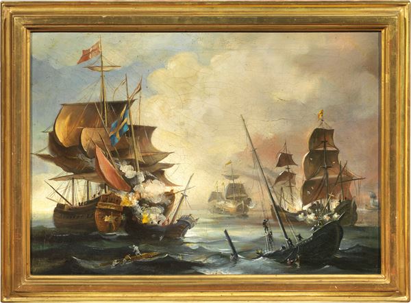 Scuola fiamminga del XIX secolo - Scena di battaglia navale
