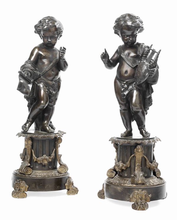 Coppia di statuette in bronzo raffiguranti «Allegoria della Poesia» e «Allegoria della Musica»
