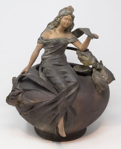 Cachepot Rotondo in Terracotta con Patina a Finto Bronzo