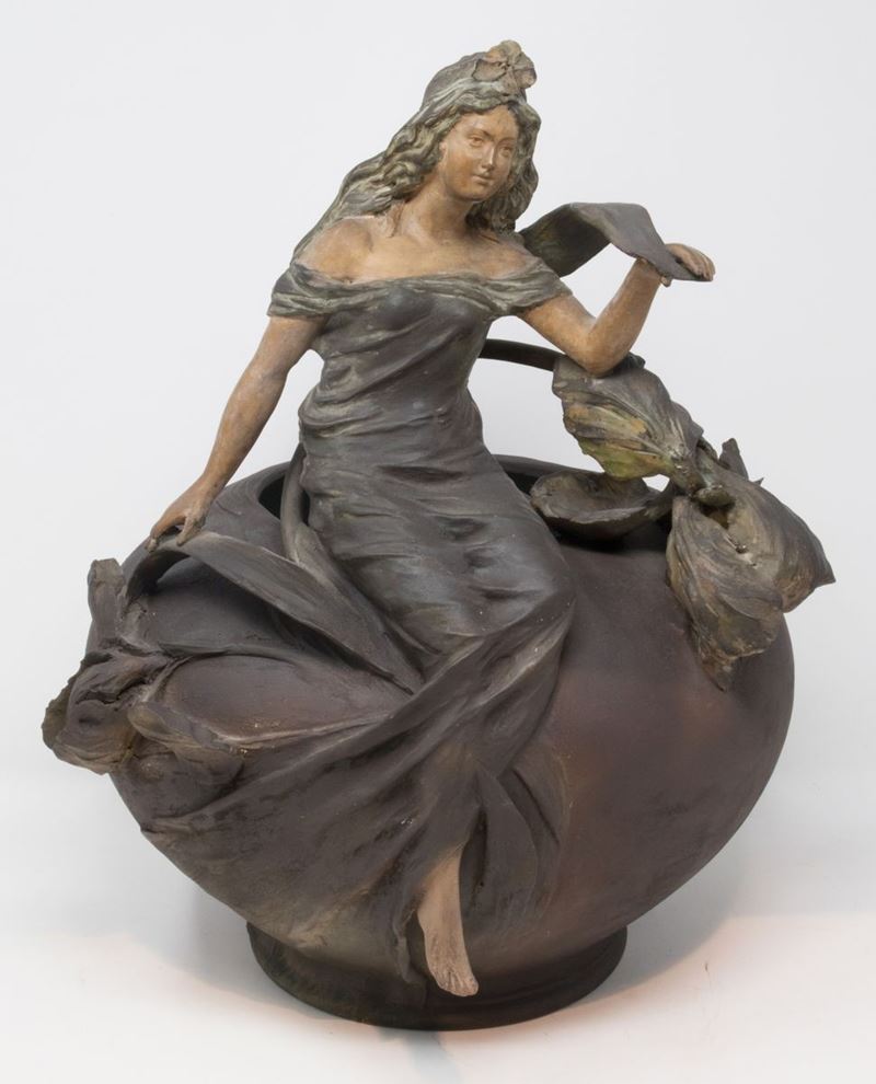Cachepot Rotondo in Terracotta con Patina a Finto Bronzo