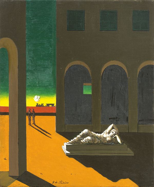 Giorgio de Chirico : Piazza d'Italia  (inizio anni Cinquanta)  - Olio su tela - Auction Modern Art - II - Casa d'aste Farsettiarte