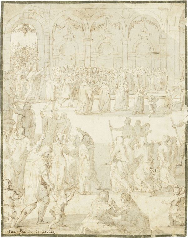 Jacopo Negretti, detto Palma il Giovane (attr. a) - Interno di Chiesa con processione solenne