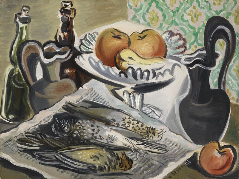 Gino Severini - Natura Morta con Uccelli e Fruttiera con Mele