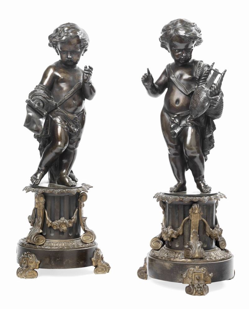 Coppia di Statuette in Bronzo Raffiguranti «allegoria della Poesia» e «allegoria della Musica»