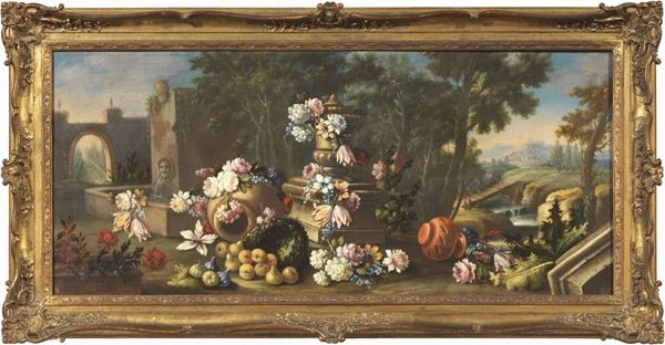 Giacomo Nani (cerchia di) - «Natura morta di fiori e frutta e paesaggio fluviale» e «Natura morta con vaso di fiori e paesaggio con ponte»