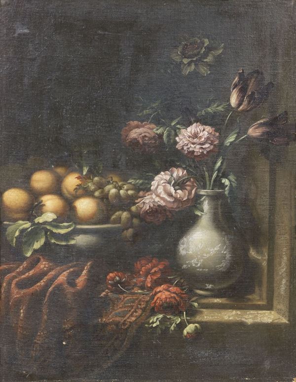 Scuola italiana fine XVII secolo - «Natura morta con fiori, frutta e vaso» e «Natura morta con fiori e frutta»