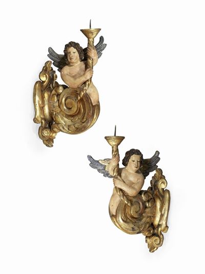 Coppia di Appliques in Legno Intagliato, Policromo e Dorato