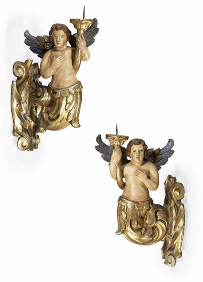 Coppia di Appliques in Legno Intagliato, Policromo e Dorato