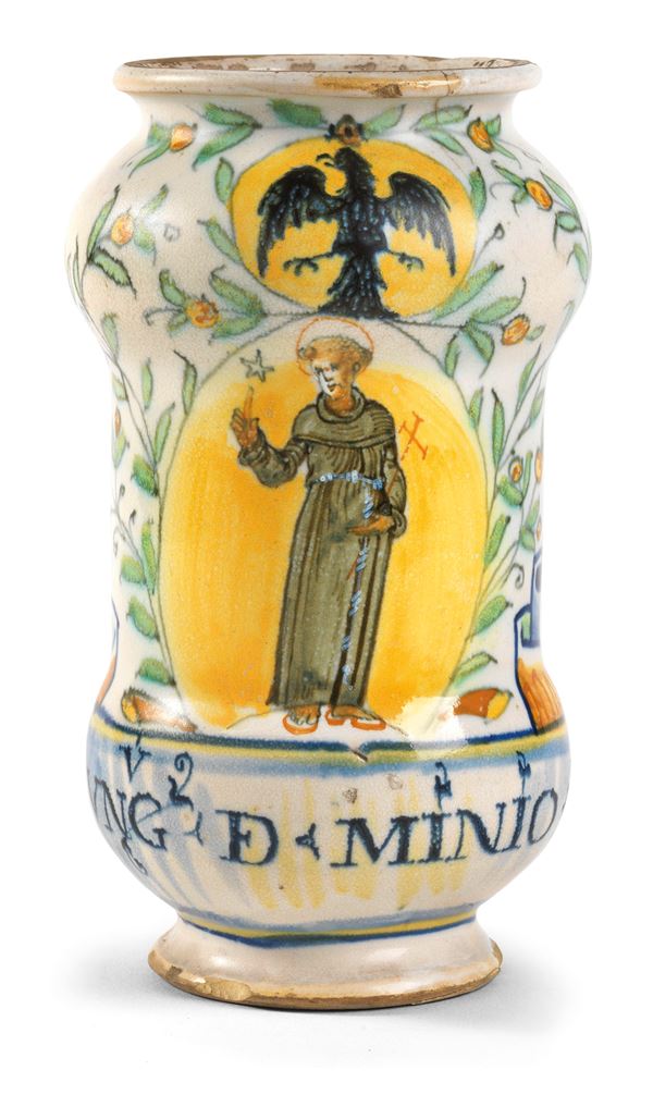Albarello in maiolica policroma  (seconda metà del XVI secolo.)  - Auction Importanti Arredi e Dipinti Antichi - I - Casa d'aste Farsettiarte