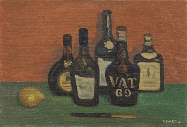 Giovanni March : Bottiglie  - Olio su tela - Asta Parade II - Dipinti e Disegni del XIX e XX secolo - Casa d'aste Farsettiarte