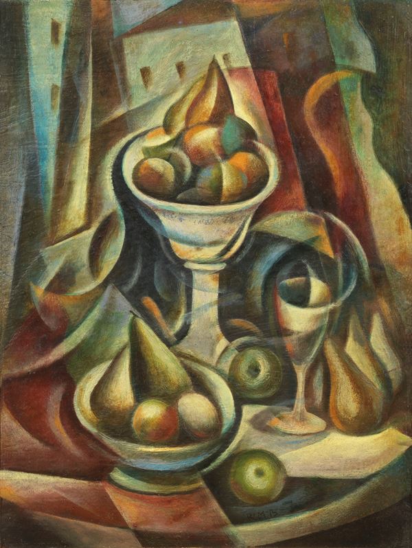 Roberto Marcello (Iras) Baldessari : Natura morta con frutta (Omaggio a Picasso)  (1920 ca.)  - Olio su cartone - Auction Modern Art - II - Casa d'aste Farsettiarte