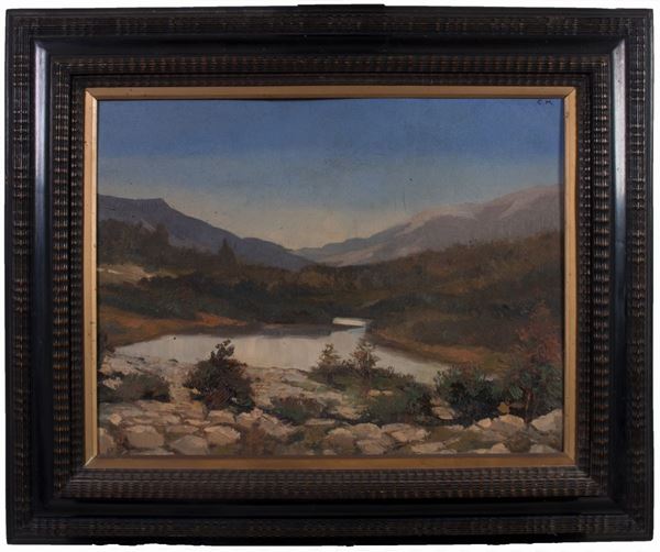 Ignoto inizio XX secolo : Paesaggio montano con lago  - Olio su tavola - Asta Dipinti, Icone e Arredi Antichi - Casa d'aste Farsettiarte