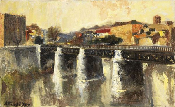 Ugo Attardi : Pesaggio con ponte  (1959)  - Olio su tela - Auction Modern Art - II - Casa d'aste Farsettiarte