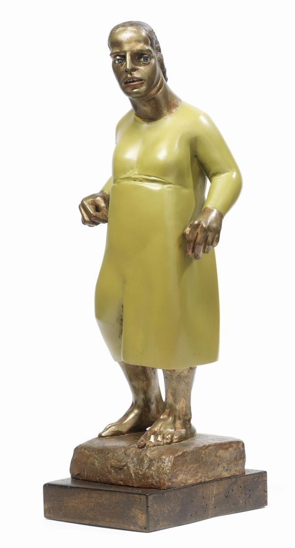 Giuliano Vangi : Donna in piedi con vestito giallo  (1983)  - Scultura in bronzo - Asta Arte Moderna e Contemporanea - I - Casa d'aste Farsettiarte