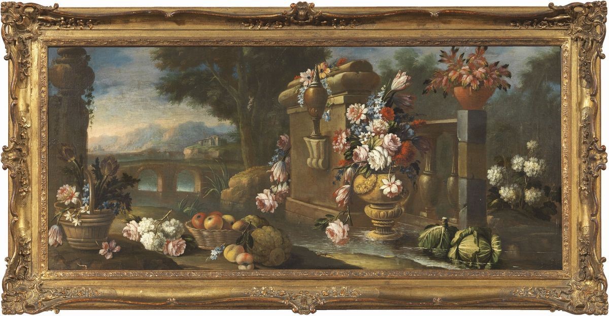 Giacomo Nani (cerchia Di) - «natura Morta di Fiori e Frutta e Paesaggio Fluviale» e «natura Morta...